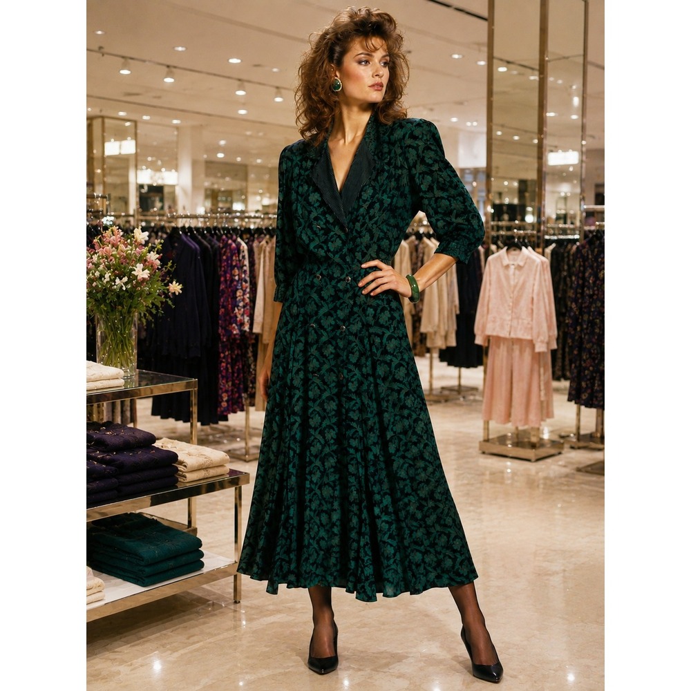 Vintage Carole Little Green Black Floral Midi Dress 80s Double Breasted Size 8